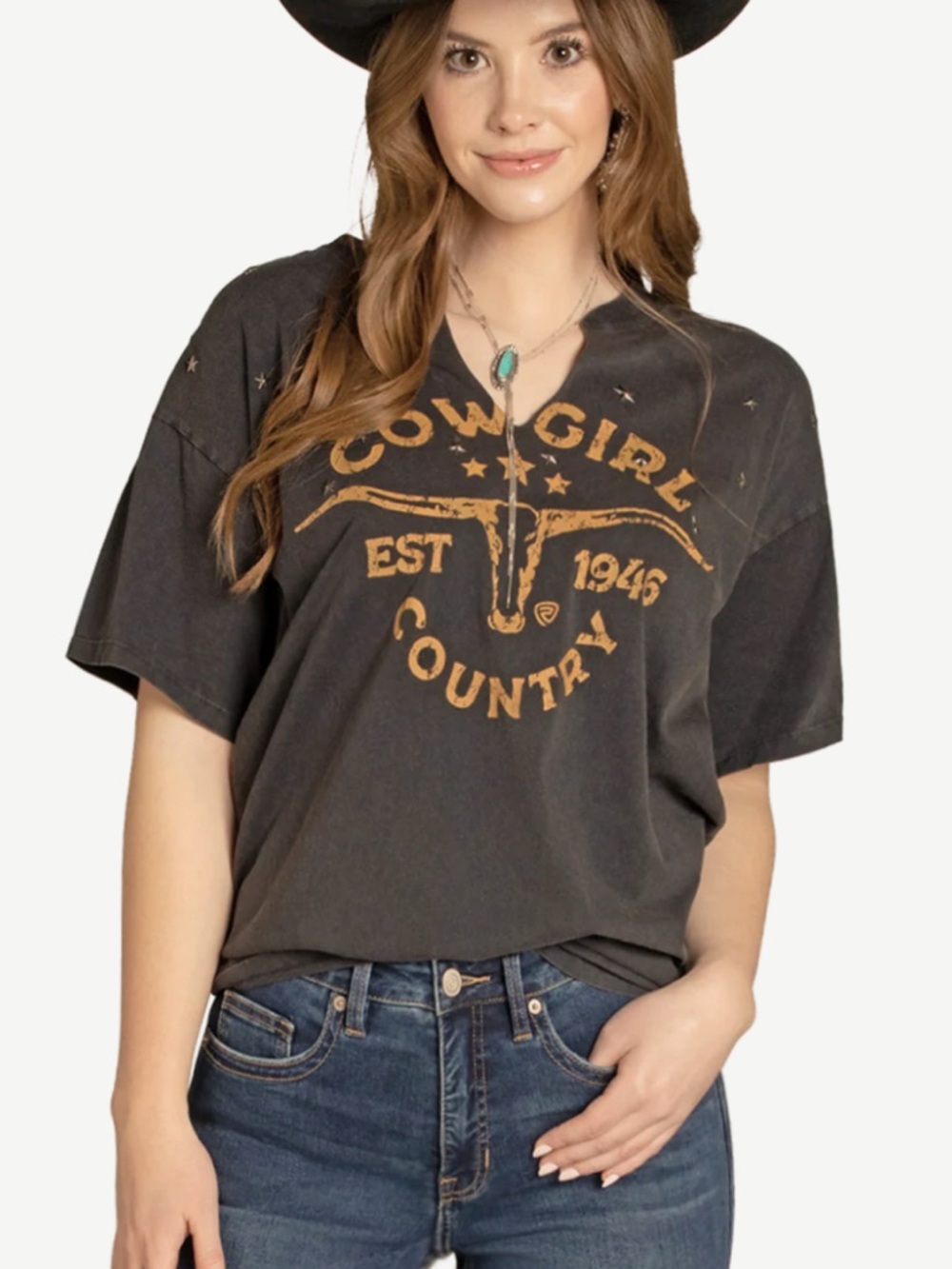 Rock And Roll Denim cowgirl country graphic T WITH Studs NWT